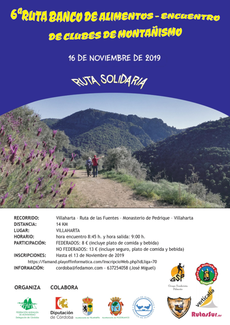 La VI Ruta Banco de Alimentos coincidirá este sábado con el Encuentro de Clubes de Montañismo de Córdoba