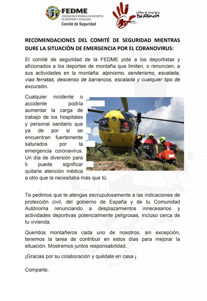 Recomendaciones del Comité de Seguridad de la FEDME durante la situación de alerta sanitaria por el COVID-19
