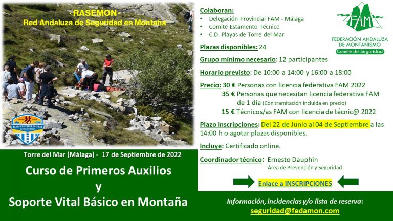 Torre del Mar albergará en septiembre un nuevo Curso de Primeros Auxilios y SVB impartido por Prevención y Seguridad de la FAM
