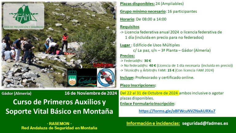 Gádor será sede el 16 de noviembre de un nuevo ‘Curso de primeros auxilios y soporte vital básico en montaña’