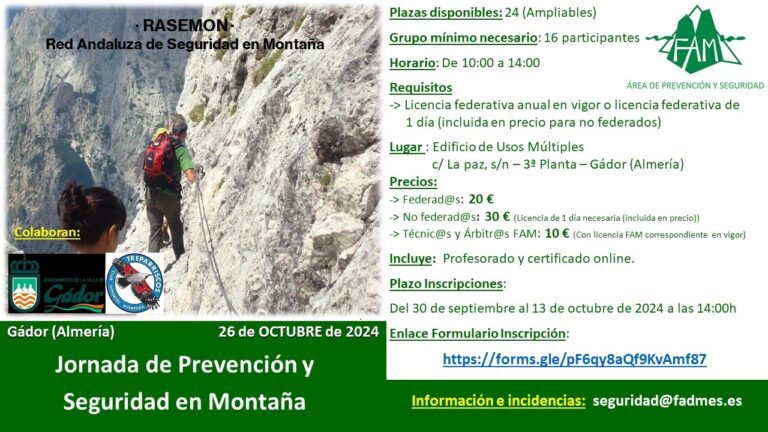 Abiertas las inscripciones para la Jornada de Prevención y Seguridad en Montaña de la RASEMON en Gádor (Almería)