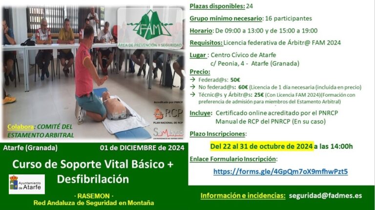 Atarfe será sede el 1 de diciembre de un nuevo ‘Curso de primeros auxilios y soporte vital básico en montaña’