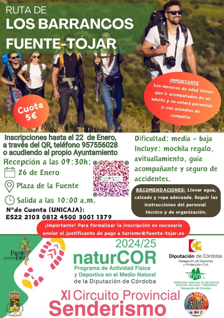 La Ruta de los Barrancos del circuito naturCOR del municipio de Fuente Tójar se celebrará el 26 de enero