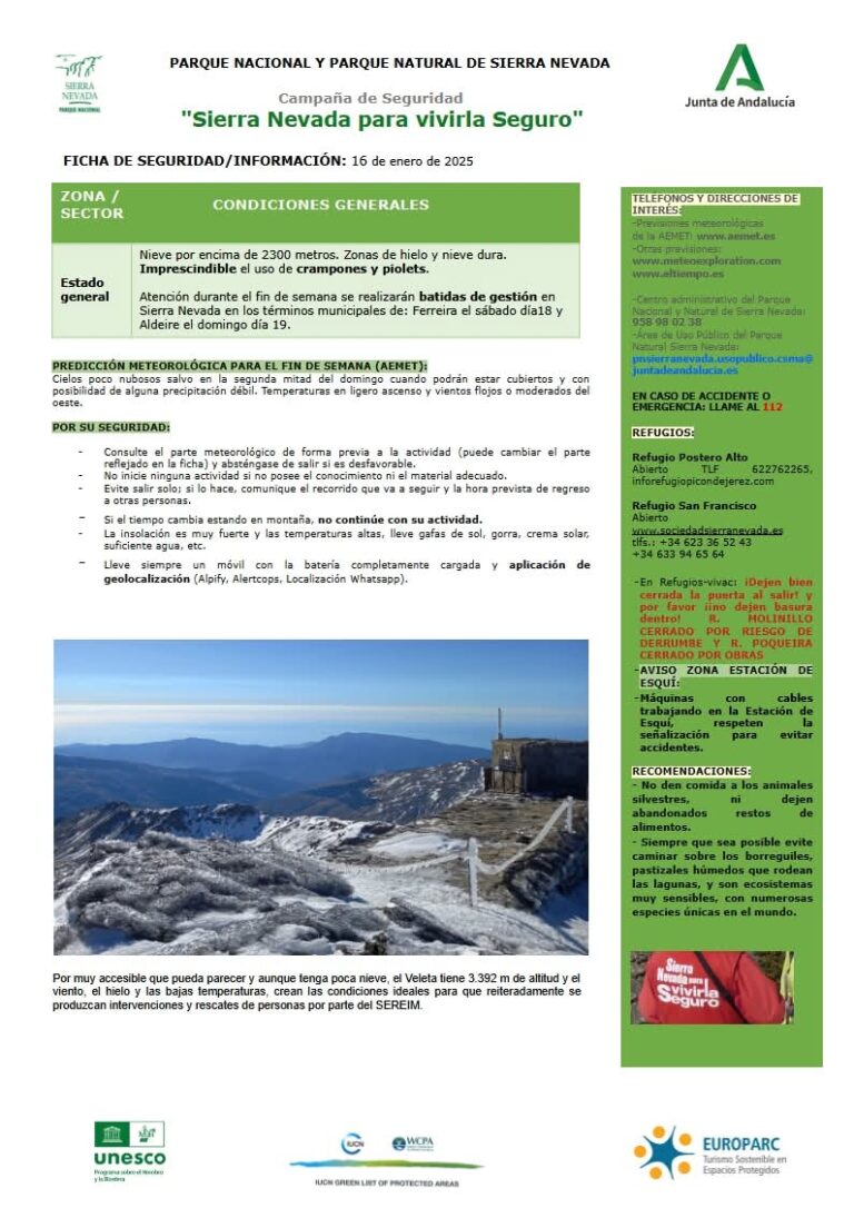 Ficha de Seguridad del PPNN Sierra Nevada: precaución a partir de los 2.300 metros por hielo y nieve dura