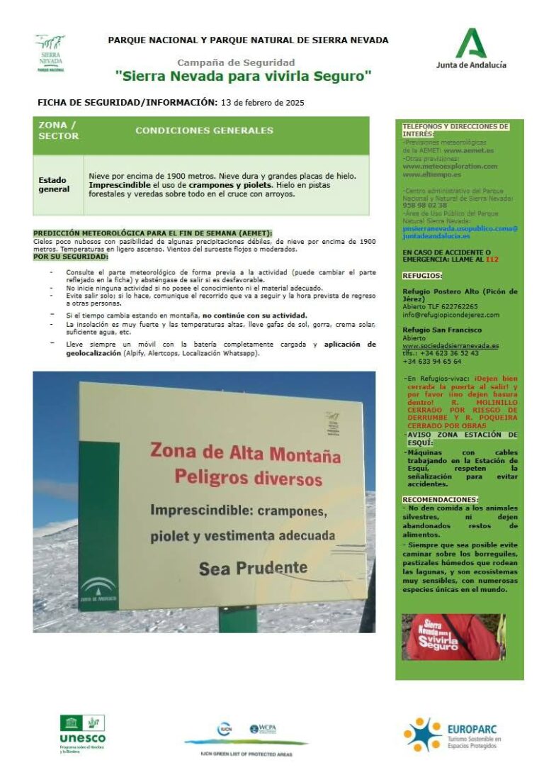 Ficha de Seguridad del PPNN Sierra Nevada: precaución a partir de los 1.900 metros por hielo y nieve dura