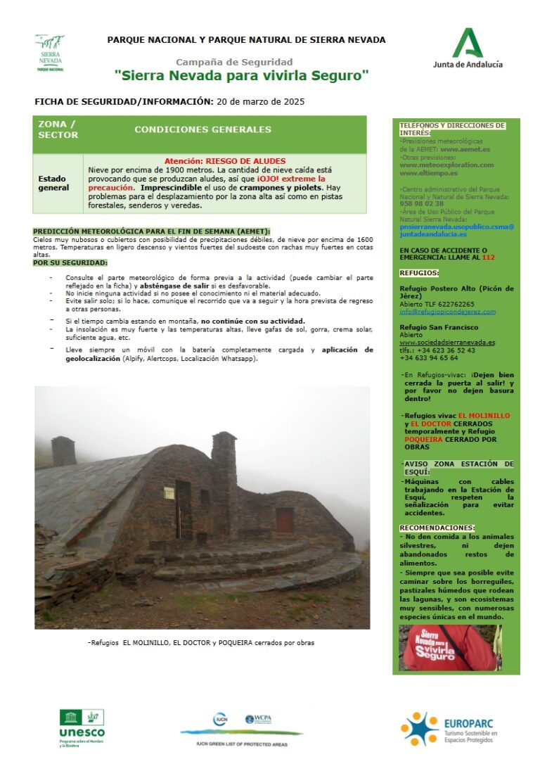 Máxima precaución estos días por peligro de aludes y fuertes rachas de viento en cotas altas en Sierra Nevada