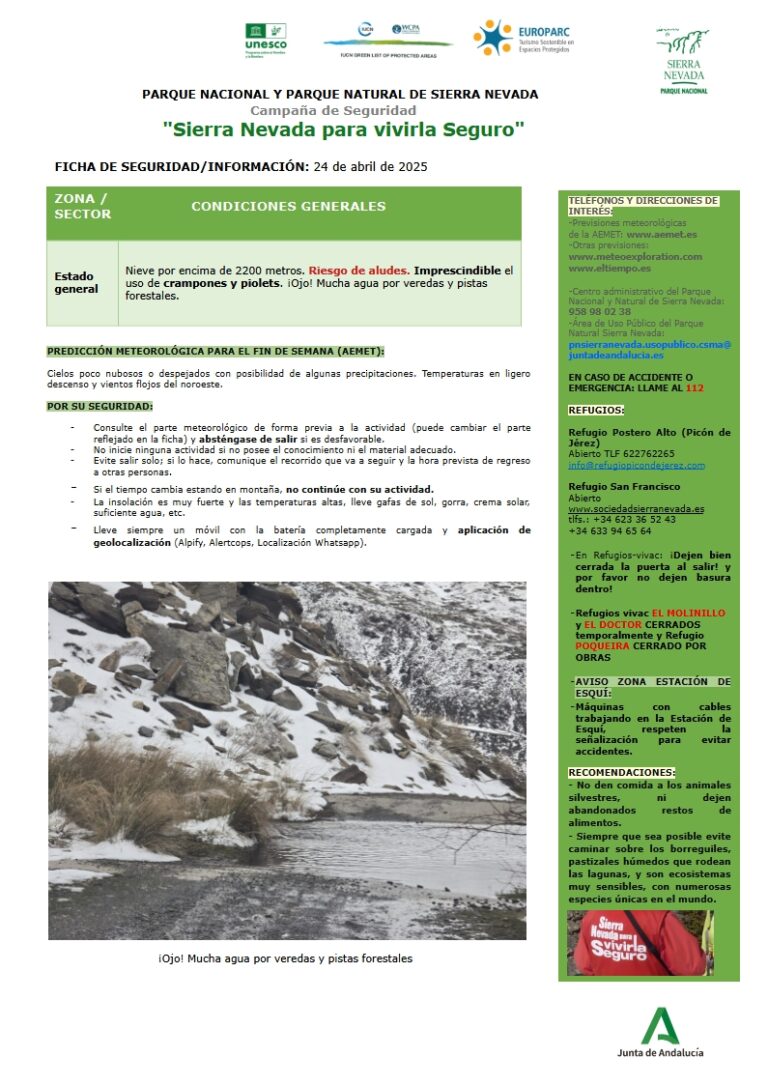 Precaución por riesgo de aludes y la gran cantidad de agua en veredas y pistas forestales