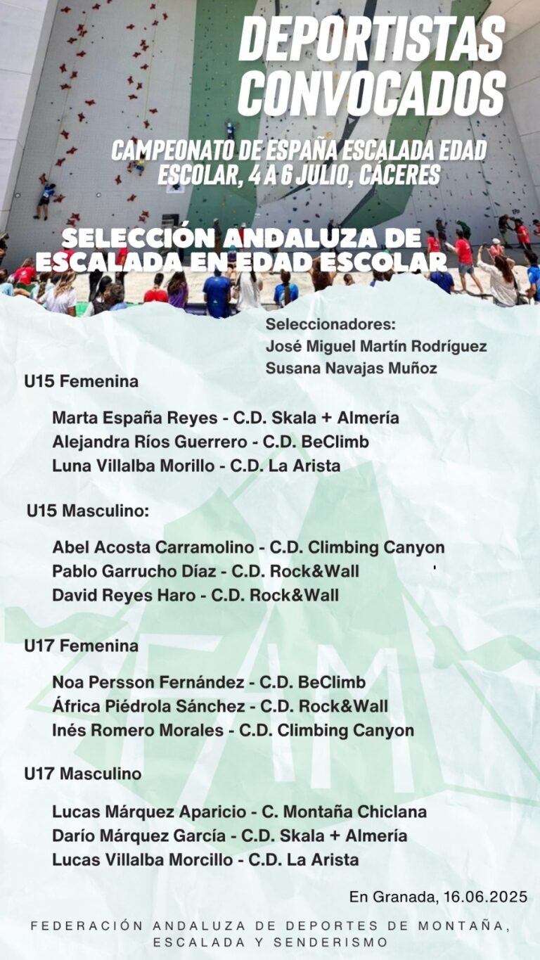 Convocatoria de la Selección Andaluza de Escalada en Edad Escolar para el Campeonato de España