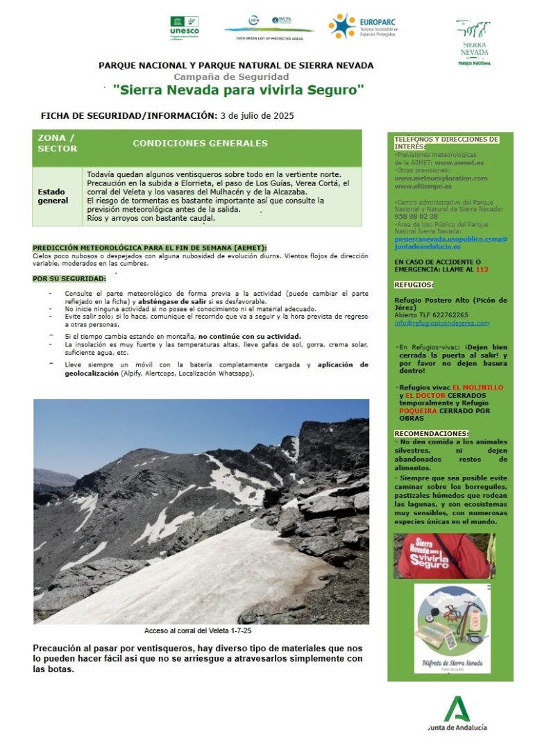 Precaución en la subida a Elorrieta, paso de Los Guías, Verea Cortá, el corral del Veleta y los vasares del Mulhacén y Alcazaba