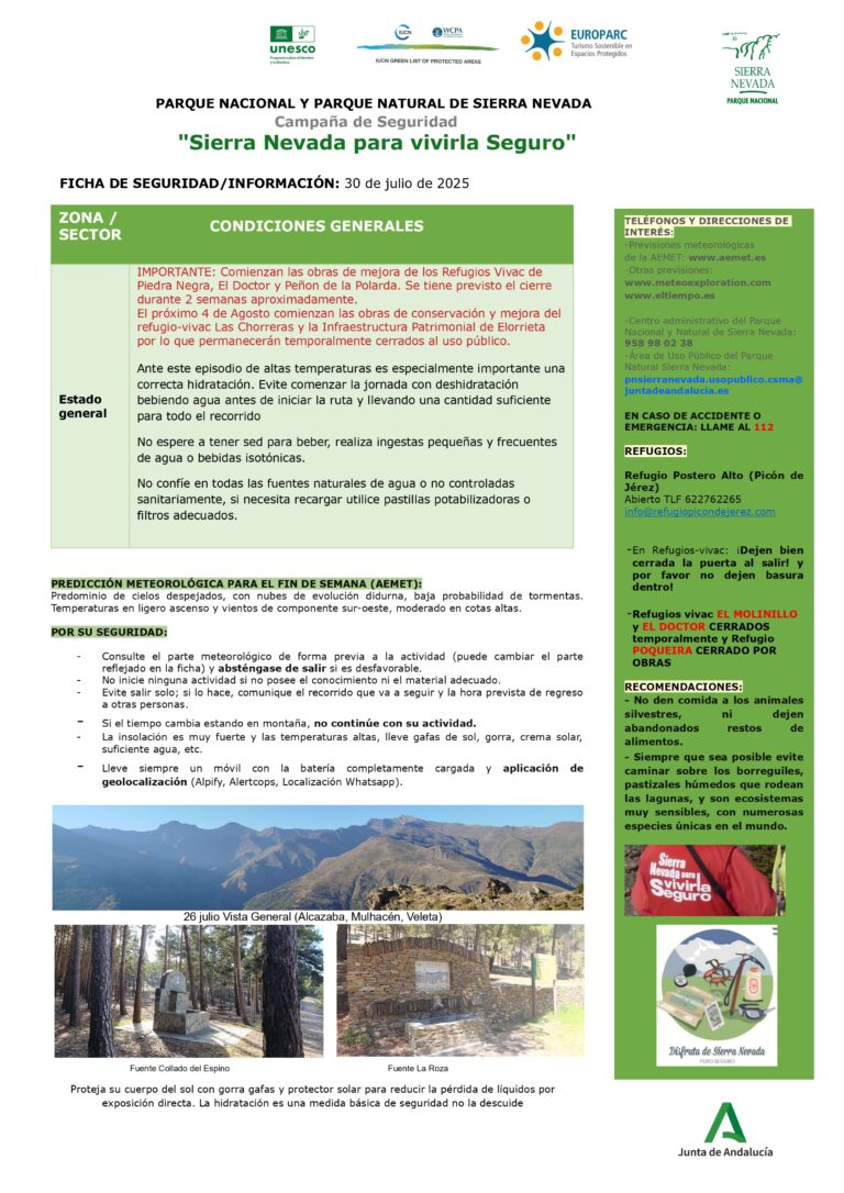 Evitar el paso por borreguiles por la excesiva humedad, existe riesgo de resbalones, hundimientos y caídas al caminar fuera de senderos