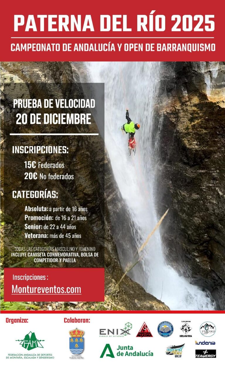 Paterna del Río acogerá el 20 de diciembre el Campeonato de Andalucía de Barranquismo 2025 y Open Modalidad de Velocidad