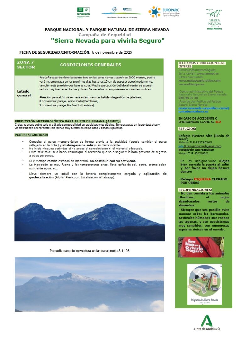 Mucha precaución por rachas muy fuertes de viento en lomas y cimas y nieve dura a partir de 2900 metros en las caras nortes