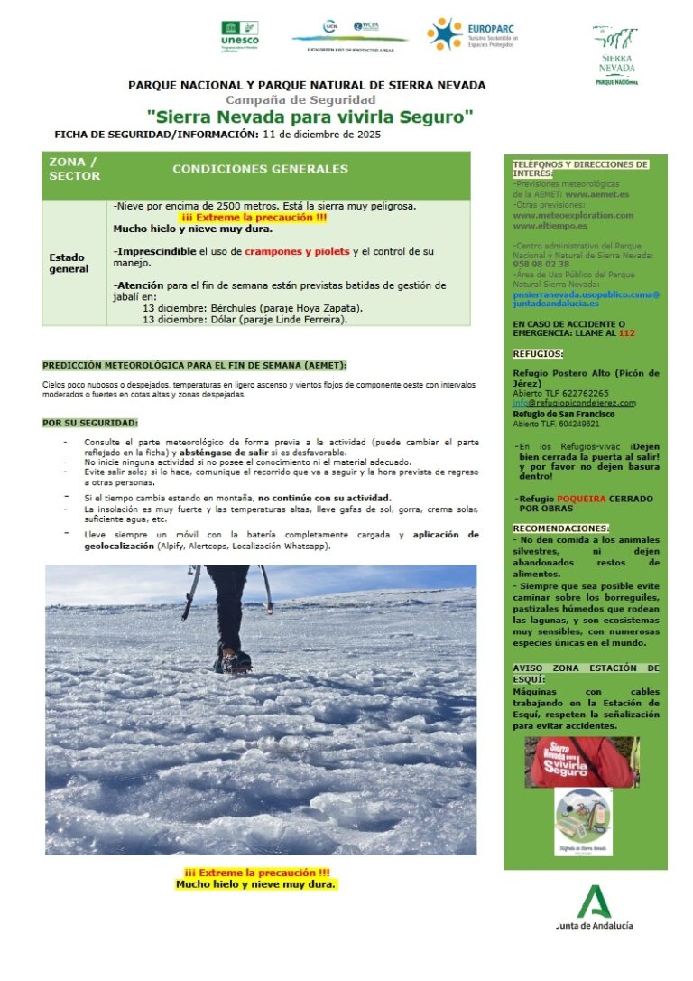 El Parque Nacional y Natural de Sierra Nevada pide extremar la precaución ante la peligrosidad de las condiciones de la sierra