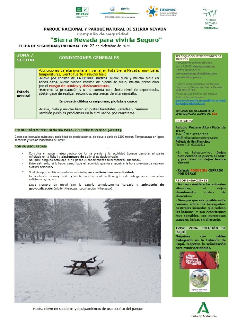 Temperaturas muy bajas, viento fuerte, mucho hielo en Sierra Nevada y riesgo de aludes y deslizamientos
