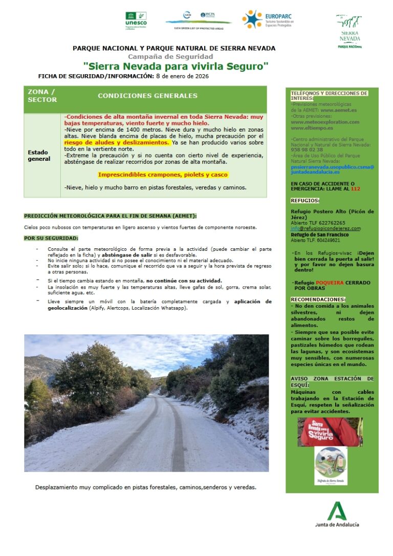 Riesgo de aludes y desprendimientos, muy bajas temperaturas, vientos fuertes y mucho hielo en Sierra Nevada