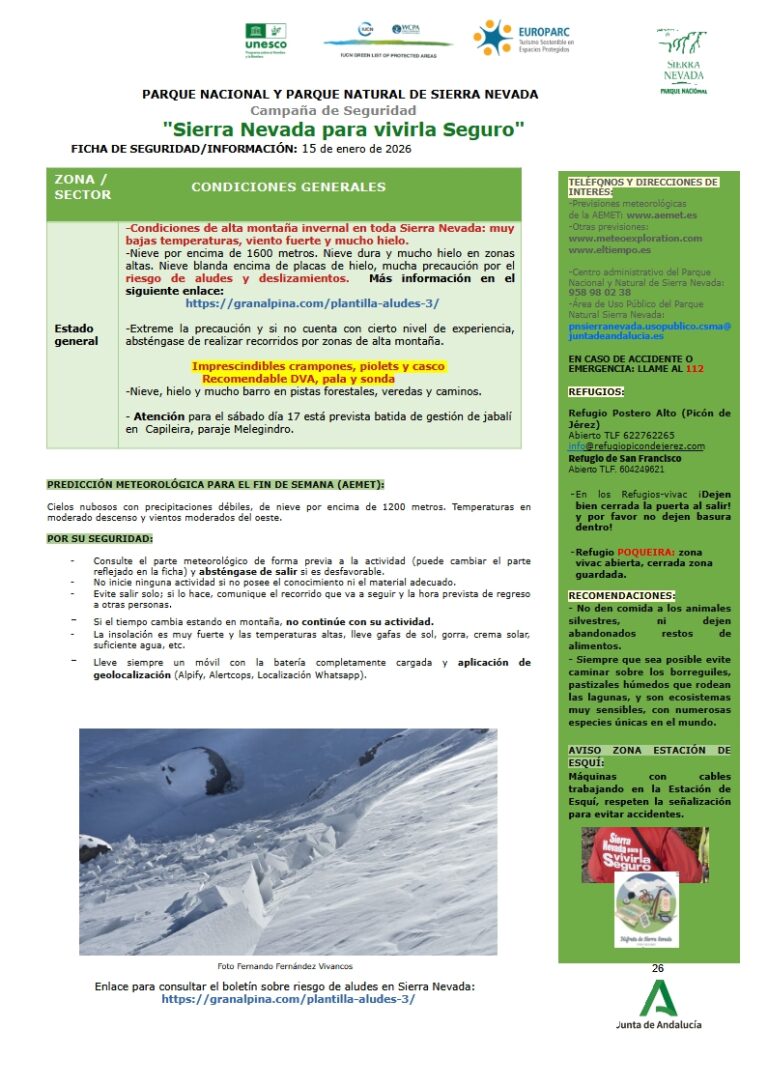 Riesgo de aludes y deslizamientos, muy bajas temperaturas, vientos fuertes y mucho hielo en Sierra Nevada