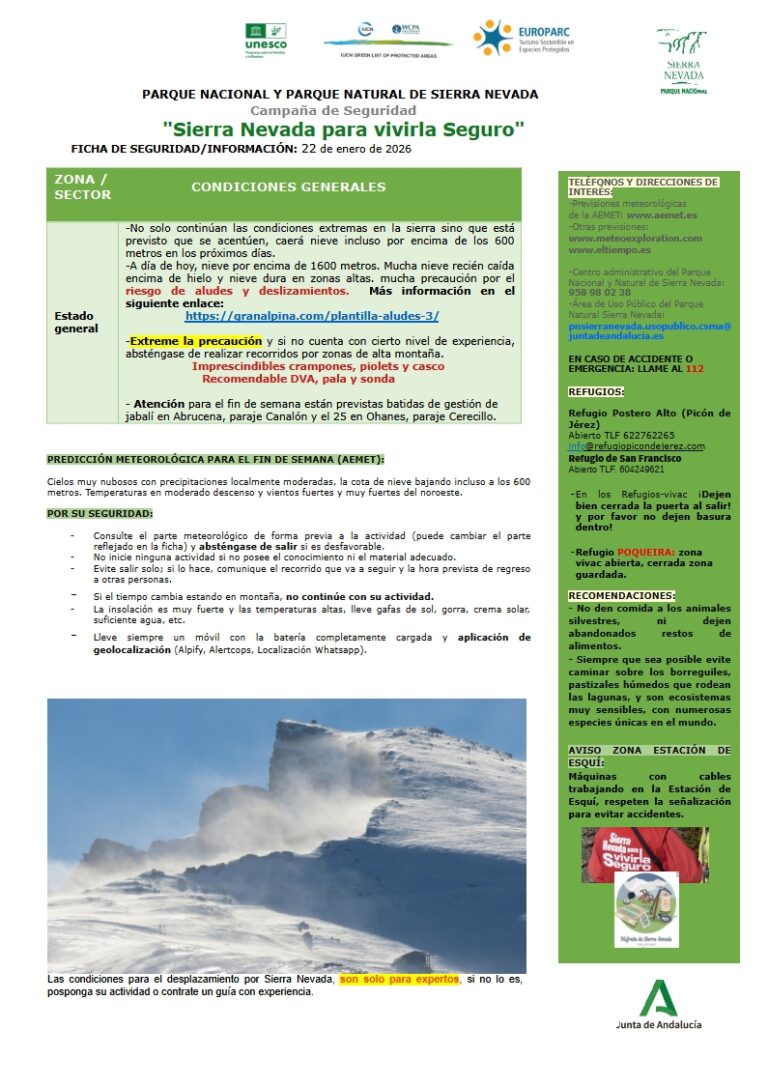 Se acentúan las condiciones extremas en Sierra Nevada y continúa el riesgo de aludes y deslizamientos