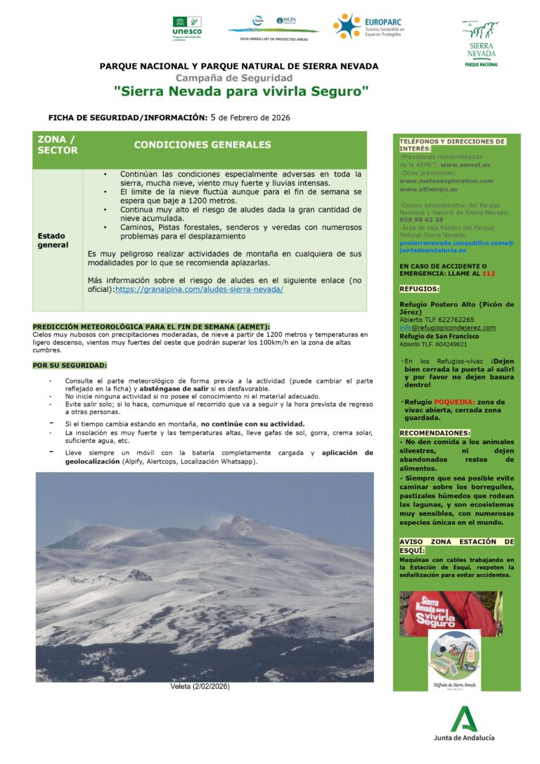 Condiciones especialmente adversas en toda la sierra, con mucha nieve, viento muy fuerte y lluvias intensas