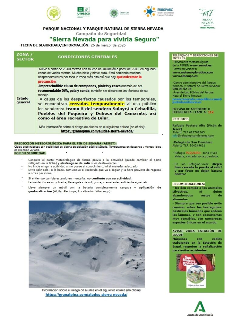 Extremar la precaución por desprendimientos por las zonas altas de la sierra, y sigue habiendo mucho hielo y nieve dura