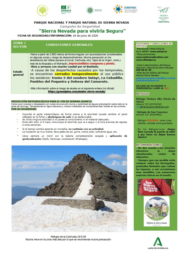 Mucha precaución en los alrededores del Veleta, Tajos de la Virgen, norte y este de la Alcazaba y Mulhacén